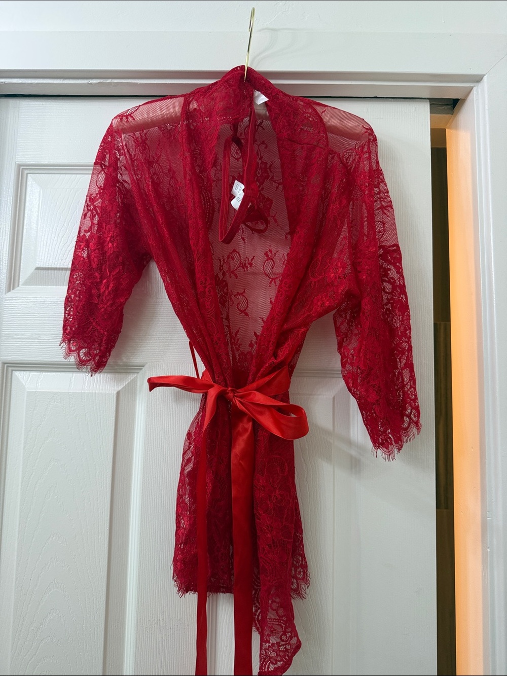 Shirley of Hollywood Red Sheer Lace Kimono Robe with Satin Tie and g string